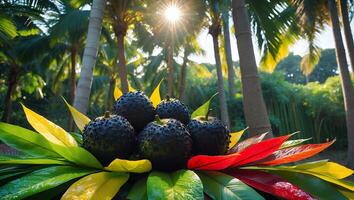 Soursop Fruit Surrounded by Colorful Leaves in Tropical Setting photo