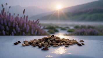 Cardamom Seed on Counter with Lavender and Mountain View photo