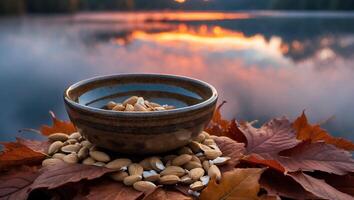 Almond in Bowl with Autumn Leaves by Lake photo