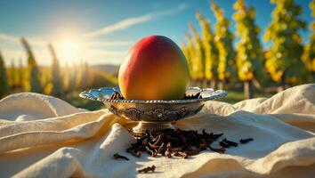 Mango with Cloves on Silver Bowl in Vineyard photo