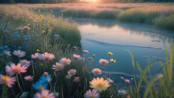 Flower Meadow with Stream at Sunrise photo