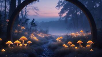 Glowing Mushrooms Along Forest Path at Dusk photo