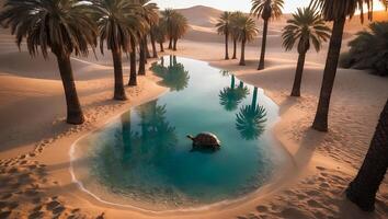 Turtle in Oasis of Water Surrounded by Palm Trees in Desert photo