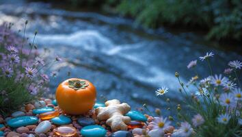 Persimmon and Ginger by River with Flowers and Rocks photo