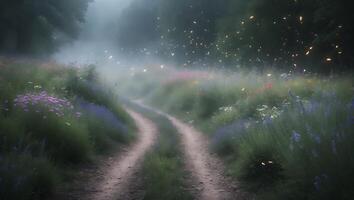 Dirt Road with Flowers and Fireflies Through Hazy Landscape photo