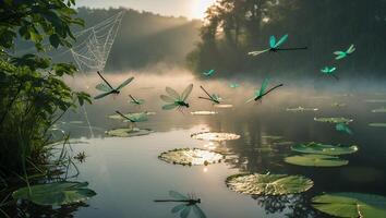 Dragonfly Over Lily Pads on Foggy Lake at Sunrise photo