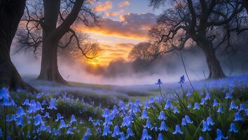 Bluebell Meadow at Sunrise in Misty Forest Landscape photo