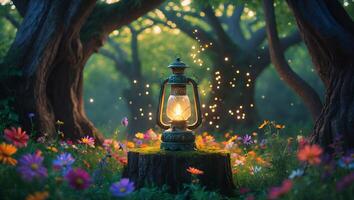 Glowing Lantern on Stump in Flower Meadow photo