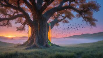 Large Tree at Sunset with Waterfall of Light and Birds photo