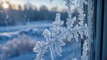 Snowflake Decoration on Window with Winter Background photo
