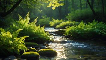 Ferns and Stream in Forest photo
