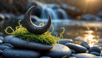 Crescent Moon with Moss on Pebbles by Water photo