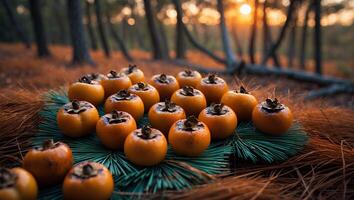 Ripe Persimmons in Autumn Forest Setting with Sunset Glow photo