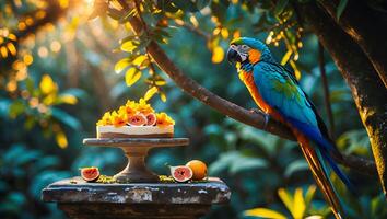 Parrot and Cake in Jungle Garden at Sunset photo