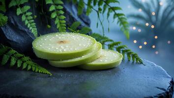 Apple Slice with Water Droplet on Stone Surface photo