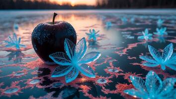 Apple and Ice Flowers on Frozen Lake at Sunset photo