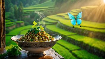 Beans with Cilantro and Butterfly Over Rice Terraces photo