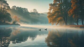 Ducks Swim in Foggy Lake with Reflection of Autumn Trees photo