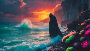Figure in Cloak on Coast During Sunset photo
