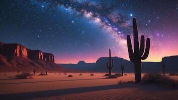 Desert Landscape with Cacti and Milky Way photo