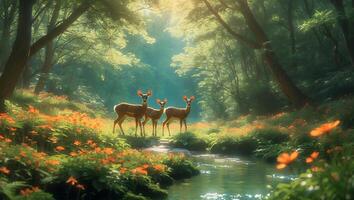Deer in Lush Forest with Stream and Orange Flowers photo