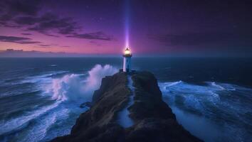 Lighthouse on Cliff at Night with Ocean Waves and Starry Sky photo