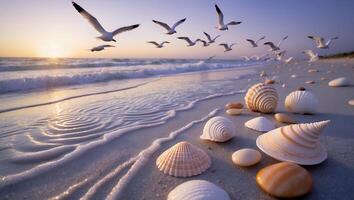 Seashells and Seagulls on Beach at Sunset photo