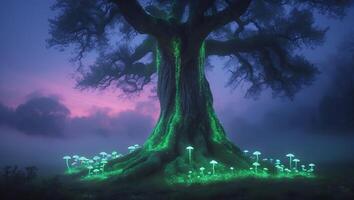 Glowing Tree and Mushroom Landscape in a Foggy Forest photo