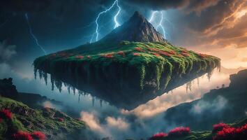 Floating Island with Mountain Peak and Lightning Strikes photo