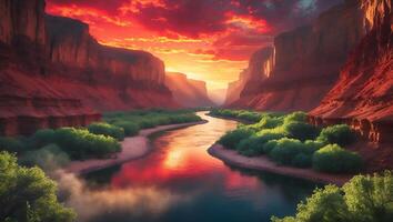 Canyon River with Red Sky at Sunset photo