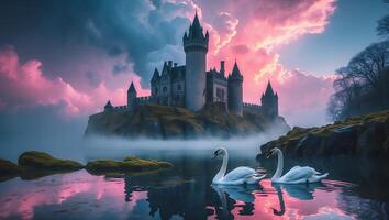 Swan Swims in Lake Near Castle with Pink Clouds photo