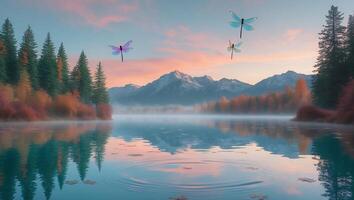 Dragonfly Over Lake with Mountains and Trees photo