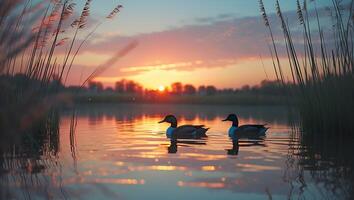 Two Ducks Swimming in Lake at Sunset photo