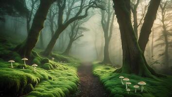 Mushroom in Mossy Forest Path in Fog photo