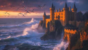 Castle on Cliff by Ocean at Sunset with Birds Flying photo