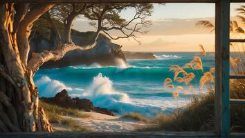 Ocean Waves Crashing on Beach Seen Through Window photo