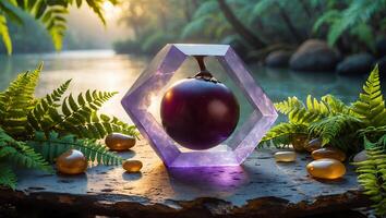 Fruit in Crystal Cube with Ferns and River Backdrop photo