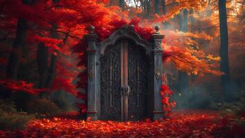 Ornate Iron Gate in Autumn Forest photo
