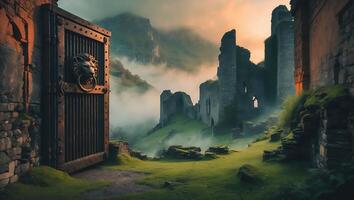 Castle Ruins Open Gate on Foggy Hill Landscape photo