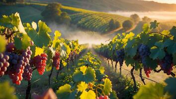 Grape Vine Landscape in Vineyard at Sunrise photo