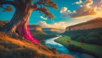 Nature Landscape with Tree River Deer and Mountains photo