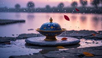 Decorative Bowl in Rain with Floating Leaves photo