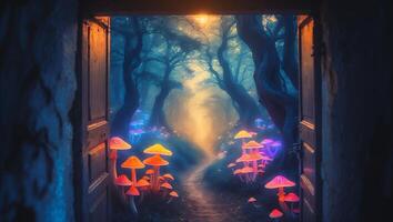 Mushroom in Enchanted Forest Through Open Door photo
