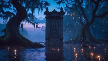Mysterious Stone Doorway in Swamp Water Amidst Glowing Lights photo