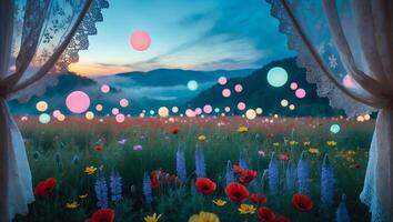 Flower Field Night with Glowing Spheres and Curtain View photo