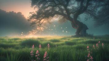 Magical Tree in Dreamy Meadow with Glowing Orbs photo