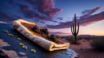 Manouche Flatbread with Zaatar on Stone Under Colorful Sky photo