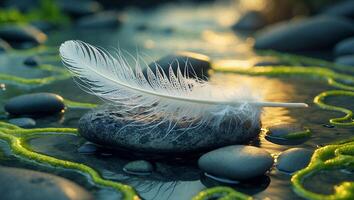 White Feather on Rock in Water photo