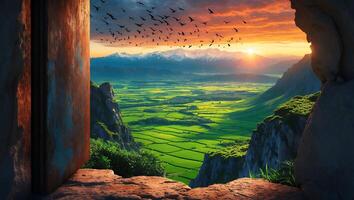 Scenic Landscape with Field, Mountain, and Flock of Birds at Sunset photo