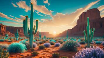 An image of a desert with cactus plants photo